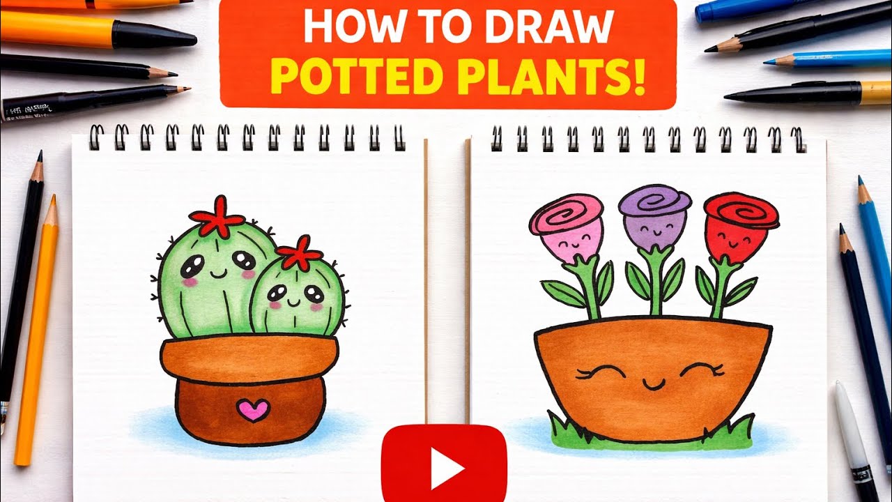 Potted Cactus Plant & Colorful Rose Flowers Drawing 🌵🌹 | Easy Drawing Tutorial for Kids 