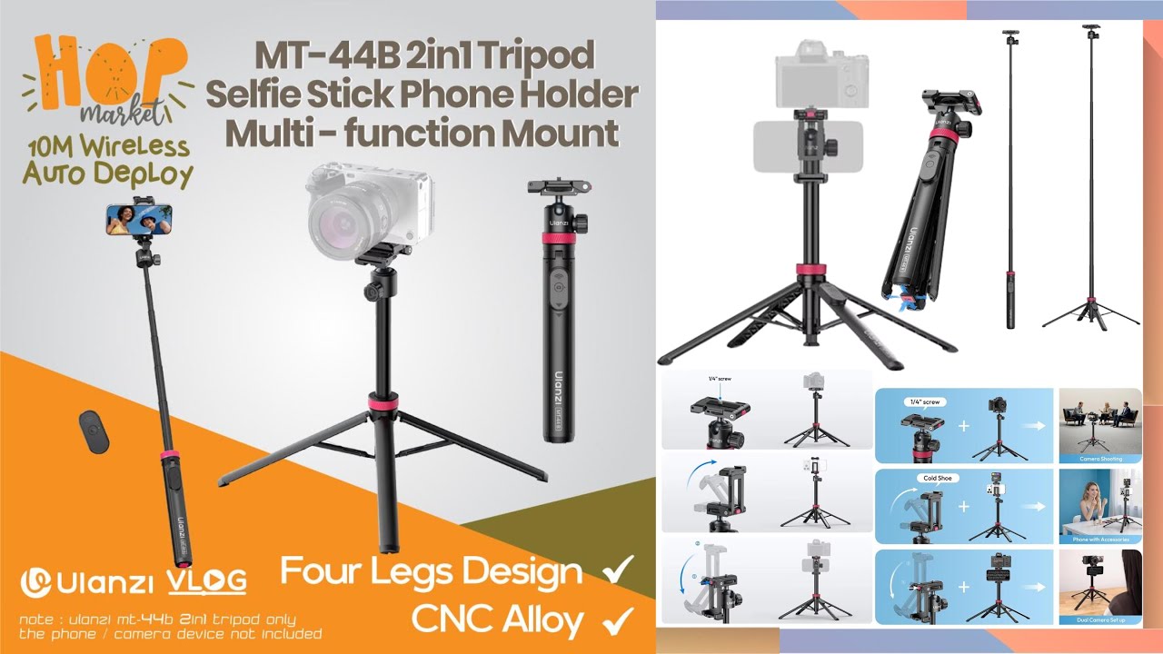 ULANZI MT-44B TRIPOD 2in1 Selfie Stick Quadpod Instant Deploy for Phone / Mirrorless Camera Dual Set