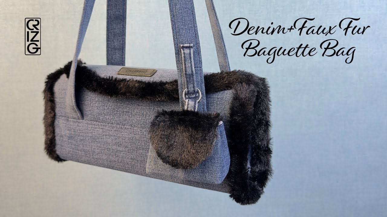 Denim Faux Fur Baguette Bag from upcycling old jeans and faux fur circle scarf. DIY Tutorial.