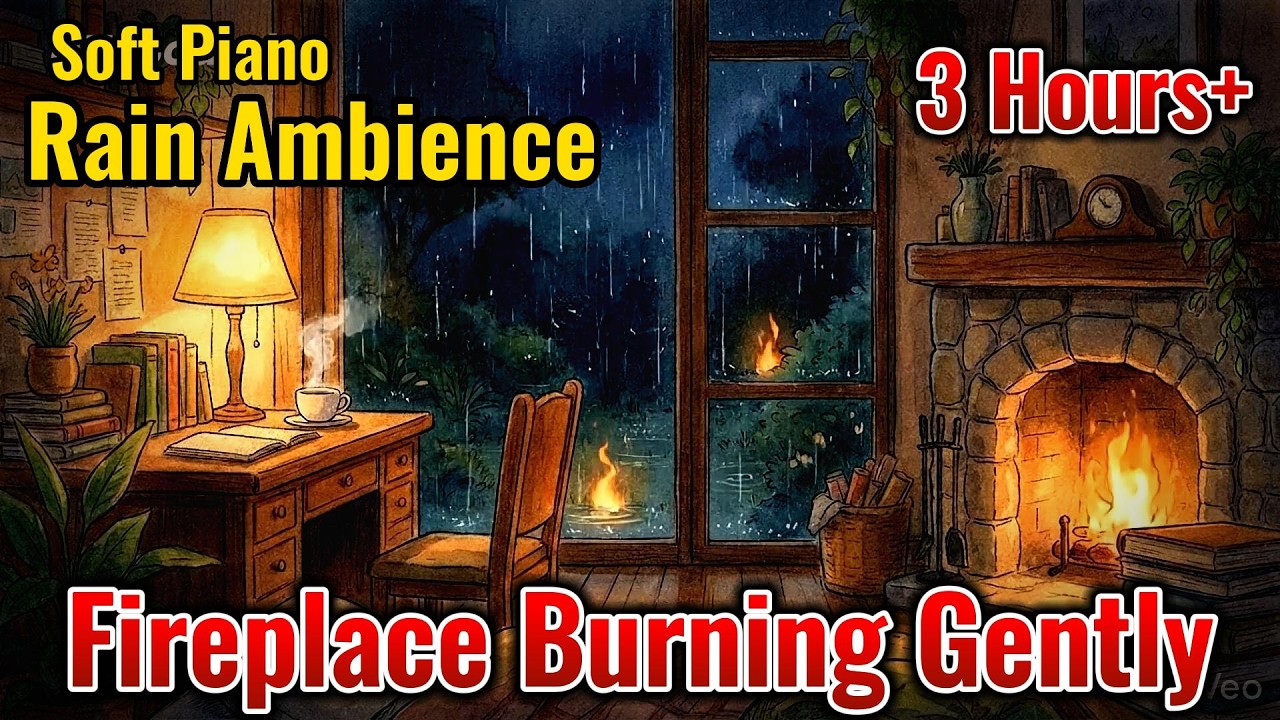 Heavy Rain Outside, Warm Fireplace Inside 🔥 Soft Piano Music for Deep Focus & Study (3 Hours)