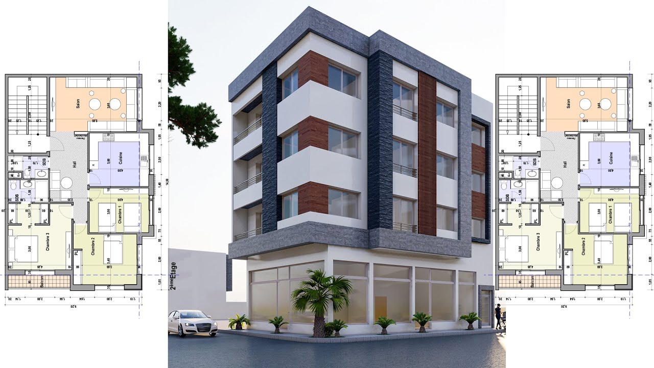 تصميم منزل 120 متر مربع واجهتين ـ أفكار فصالة بلان مع تلاثي الأبعاد