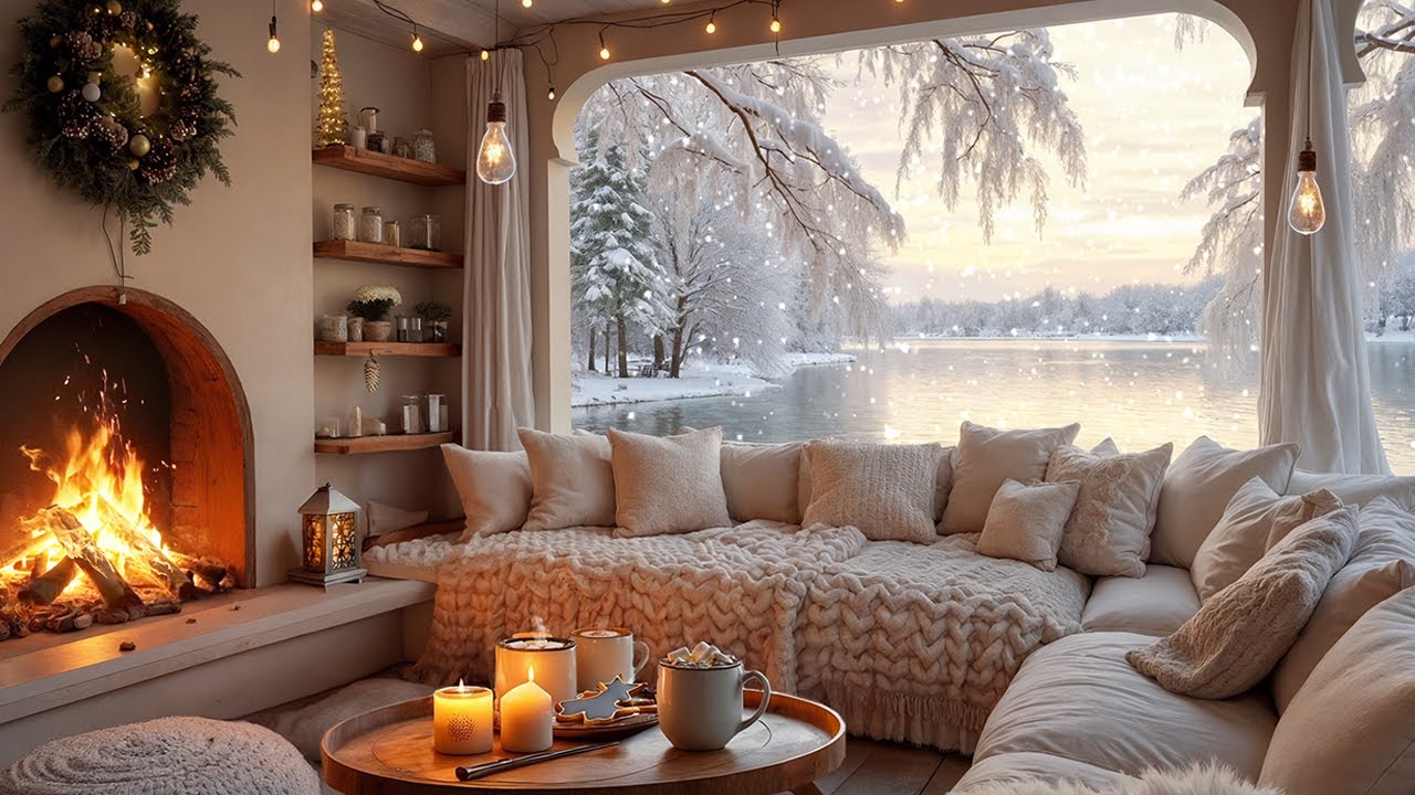 Cozy Winter Porch by the Lake ❄️ Hot Cocoa, Snowfall & Christmas Magic Ambience