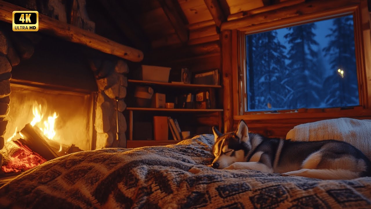 Cozy Winter Cabin Night ❄️🔥 Sleeping Dog by the Fireplace | Deep Relaxing Ambience 4K | 3 Hours