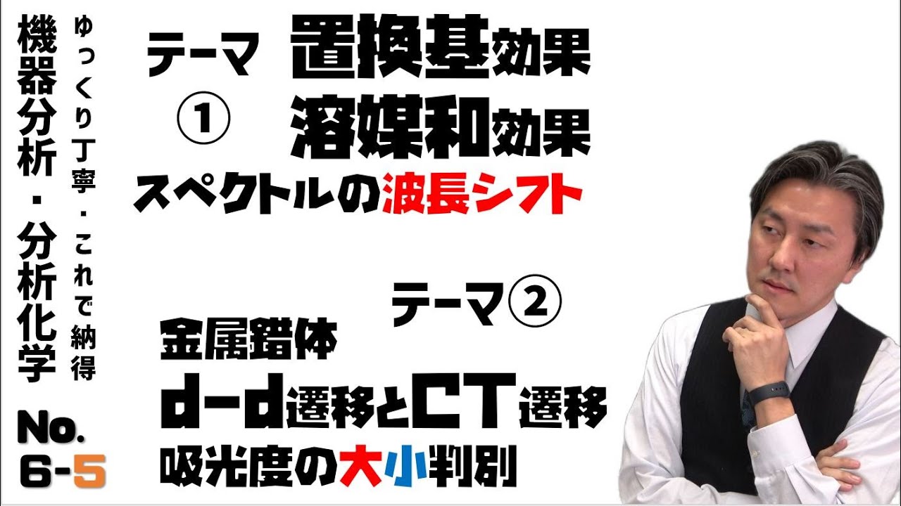 6-5 【機器分析/分析化学】【紫外可視】スペクトル変化まとめ(置換基・溶媒効果の化学シフト)と金属錯体の吸収 [ゆっくり丁寧]