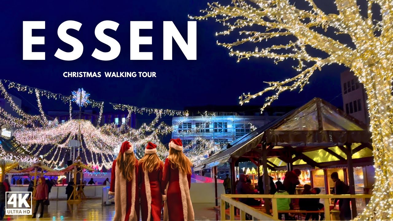 Essen Christmas Walking Tour, 4K HDR Winter Tour in Germany with Lights & Ice Skating