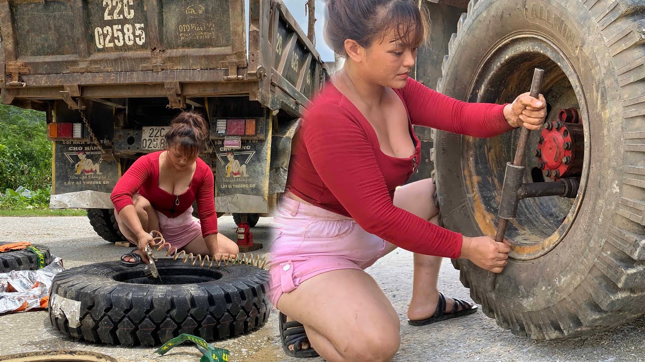 Girl changes car tire in 40 degree heat
