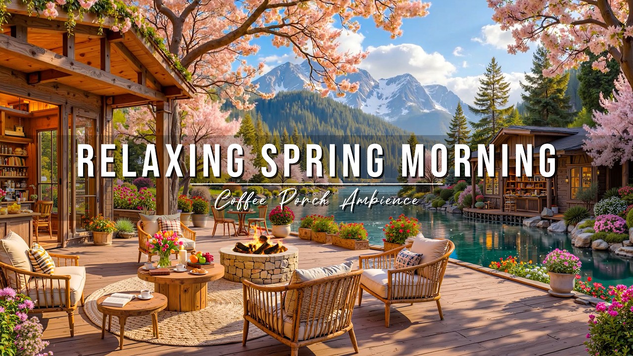 Relaxing April Spring Morning at Cozy Lakeside Coffee Porch Ambience 🌸 Calm Jazz Music for Studying