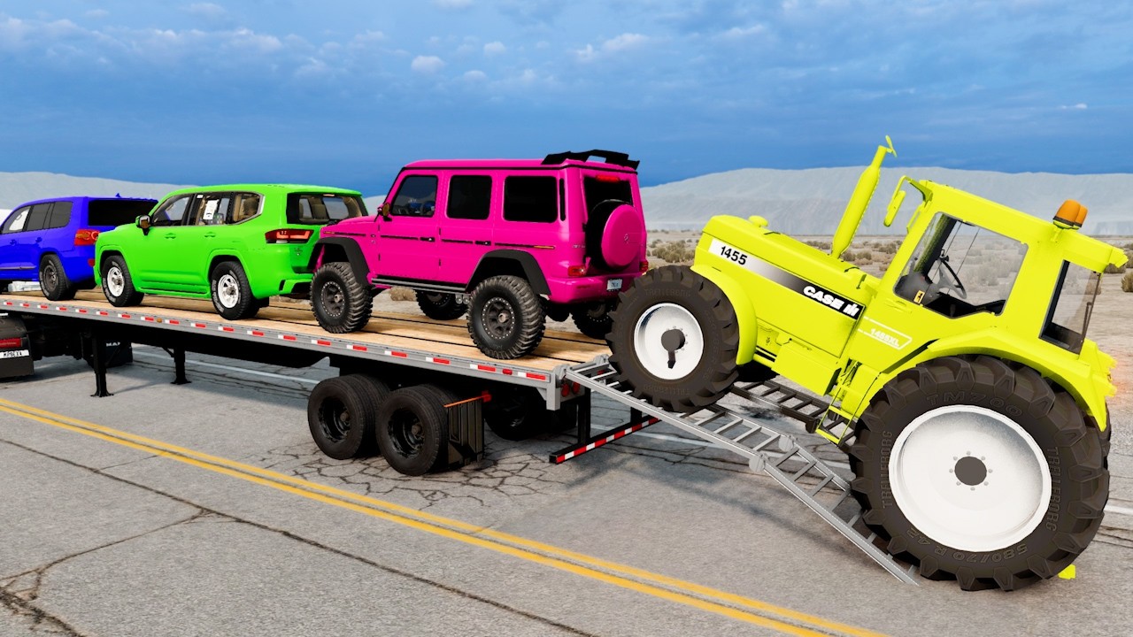 Flatbed Trailer McQueen Transportation with Truck - Speedbumps vs Cars vs Train - BeamNG.Drive #020