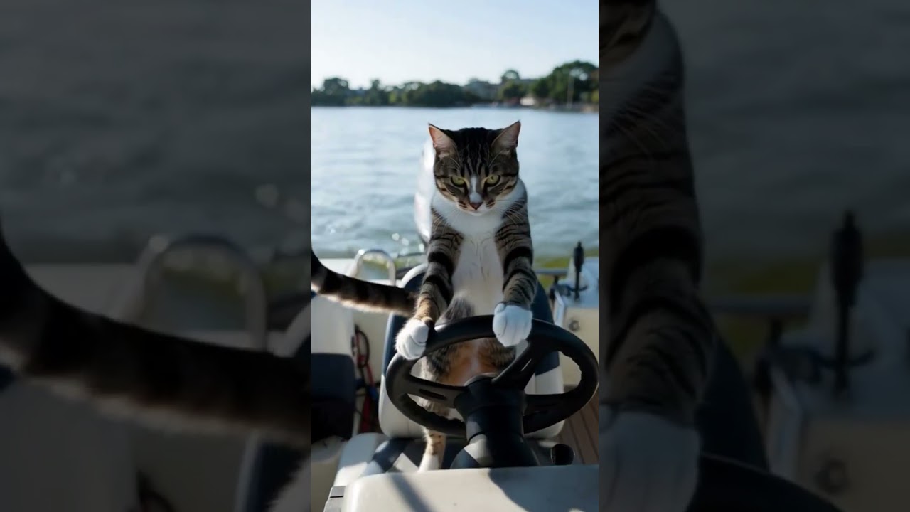 a cat sailing  a boat  ♥️😄