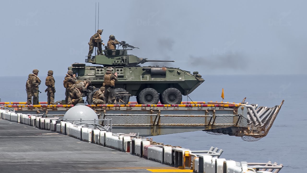 U.S. LAV-25 Engages Targets from Ship Deck in Open Sea