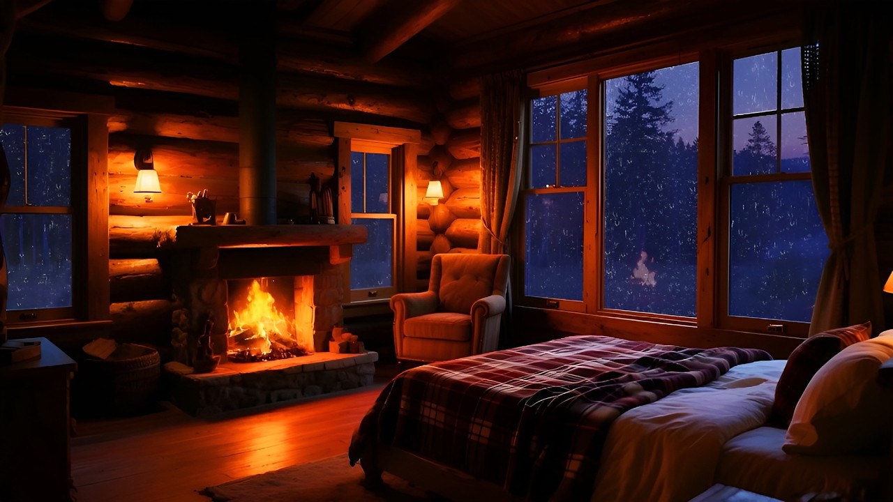 Cabin Rain Sounds for Deep Sleep 🌙  Fireplace White Noise