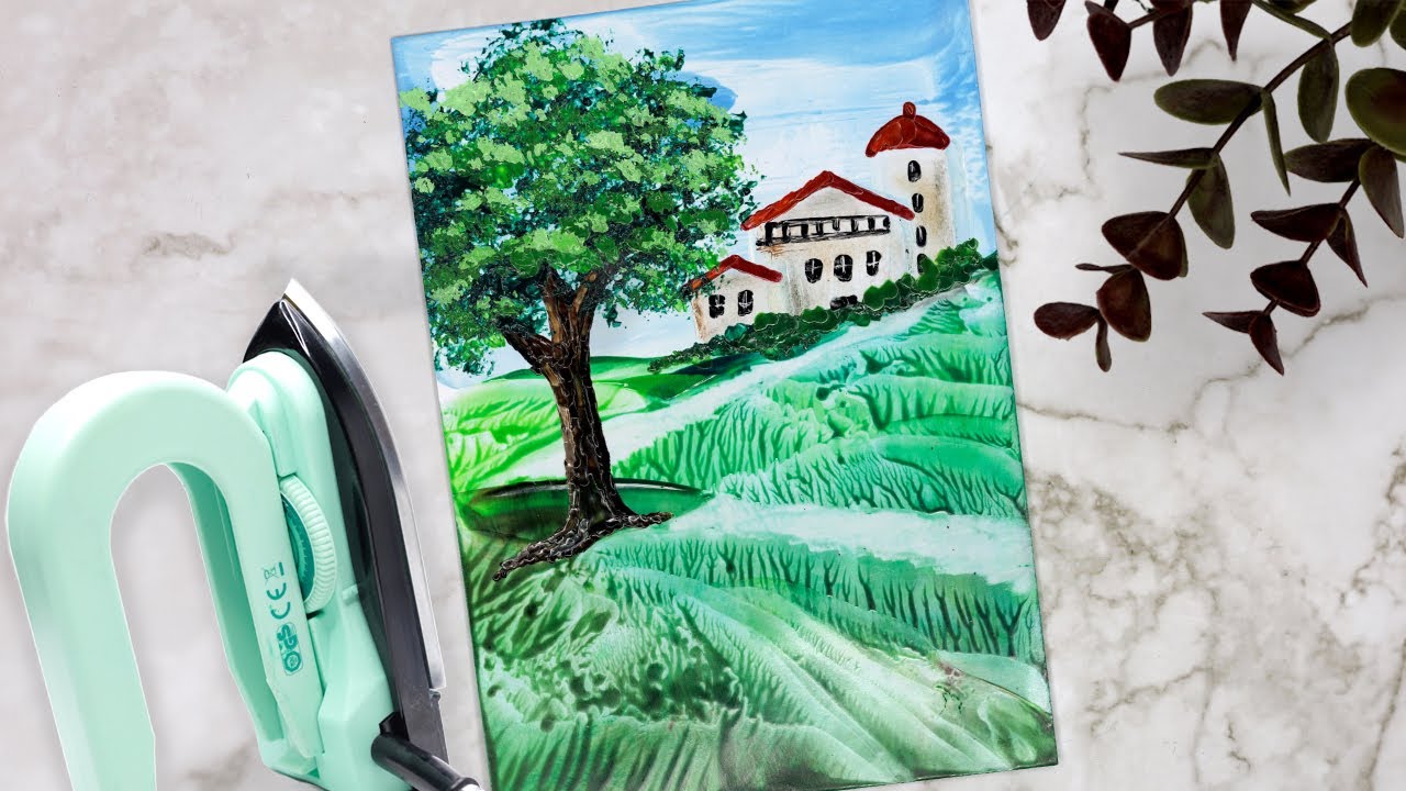 Encaustic - Idyllische Landschaft mit Häusern