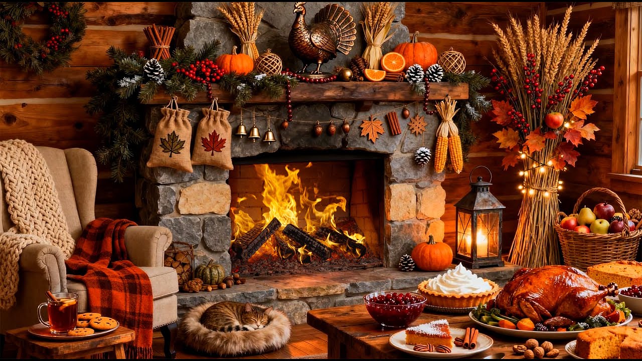 🔥 Thanksgiving Fireplace Ambience 4K —Dinner & Relaxing Crackling Fire Sounds