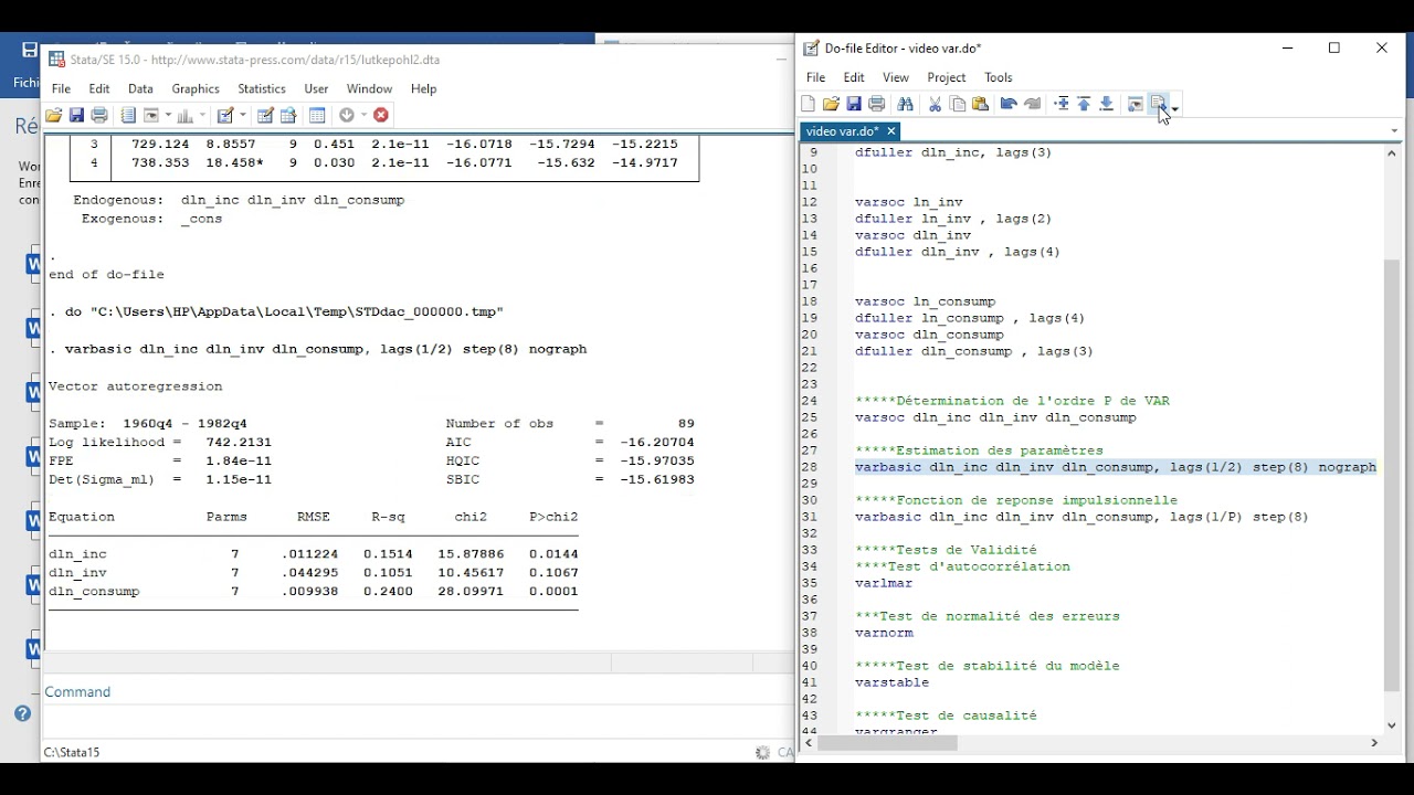 comment estimer et interpréter un modèle VAR en utilisant STATA?