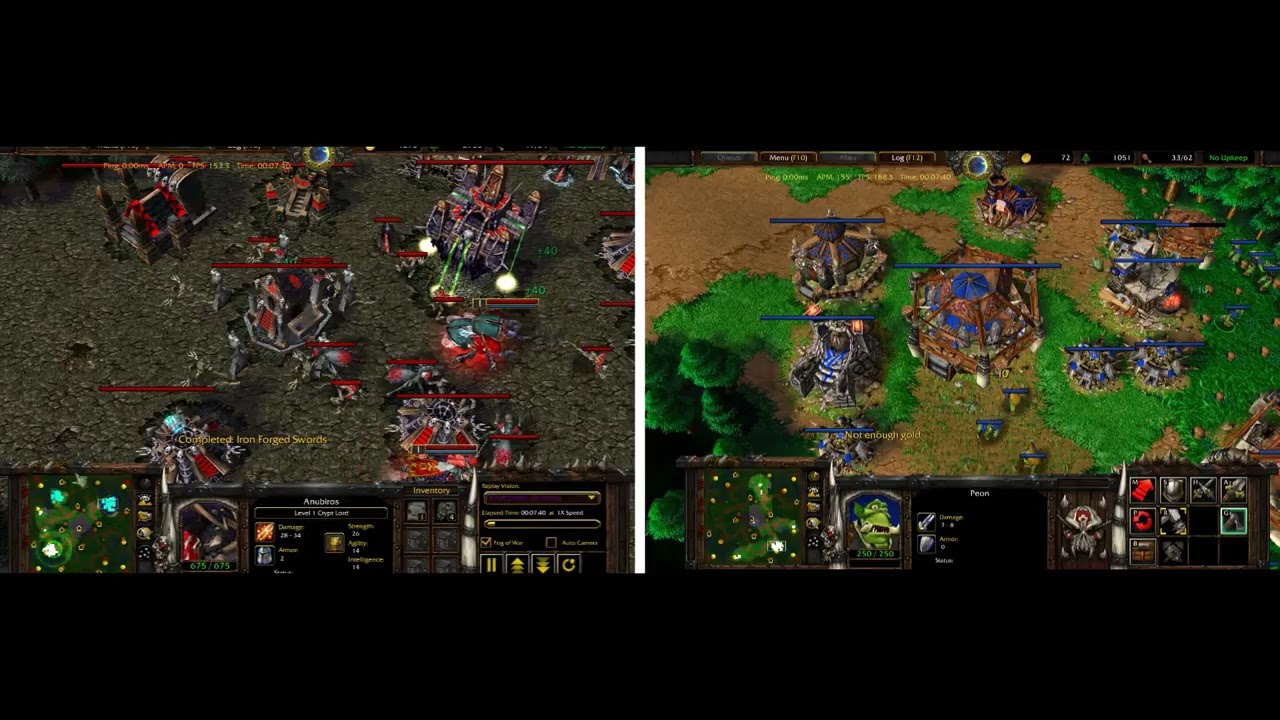 Warcraft III (Split Screen) - with Insane Computer's POV: Orc vs 3 Insane Computers (HMN, NE and UD)