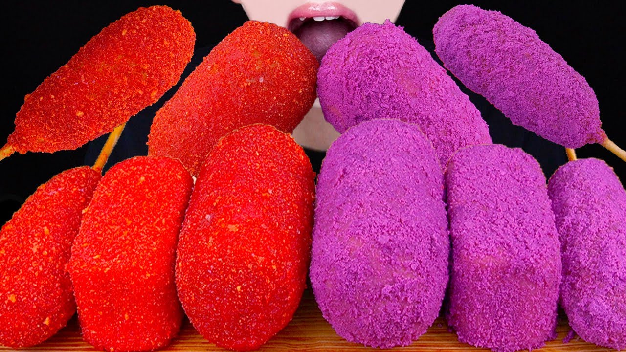 ASMR HOT CHEETOS GIANT SAUSAGE SPAM CORN DOGS RECIPE RED VS PURPLE COOKING MUKBANG 먹방 EATING SOUNDS