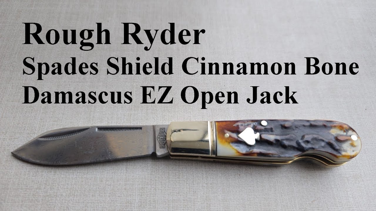 Rough Ryder Spades Shield Cinnamon Bone Damascus EZ Open Jack