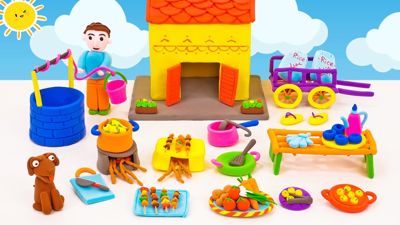 DIY How to make polymer clay miniature house, kitchen set, water wells, Doll, Oxcart
