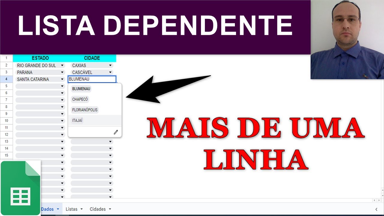 Lista Suspensa Dependente em Mais de Uma Linha no Google Sheets