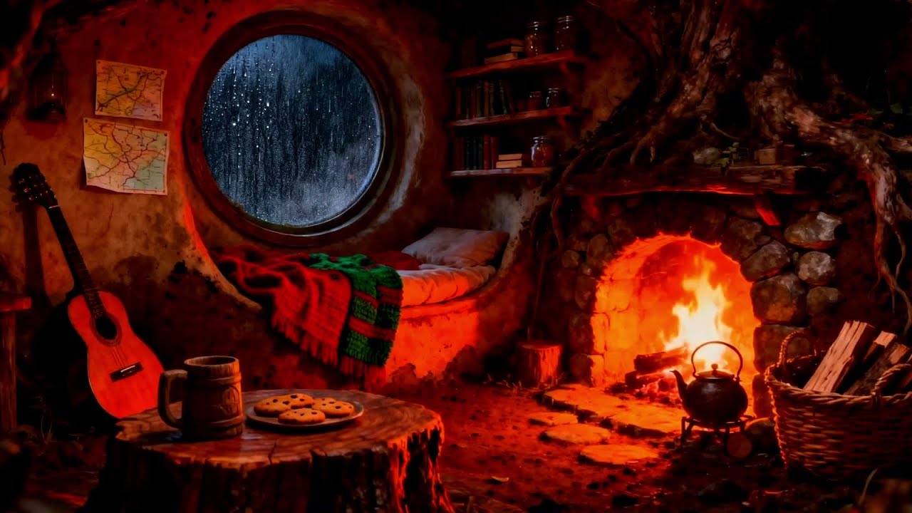 Slow Drizzle Rain & Fireplace Glow Creating a Calm Night Sleep Atmosphere