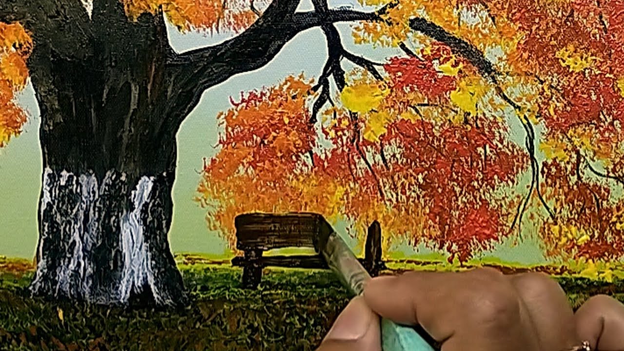 Pintura Acrilica em Tela...Paisagem Fácil Iniciante/Sombra sob árvore/ Demonstração/ Inspire-se/ 216