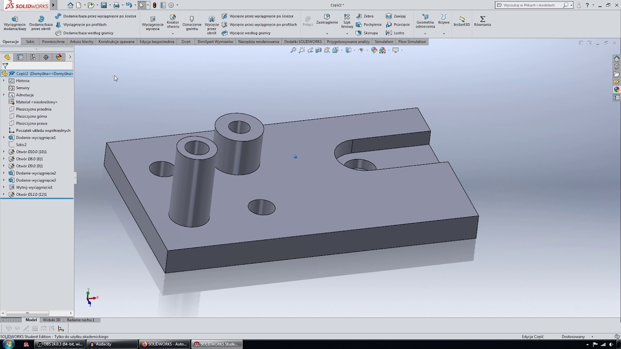 [#96] Rysunek techniczny - przekrój łamany - ćwiczenia na podstawie modelu 3D w programie SolidWorks
