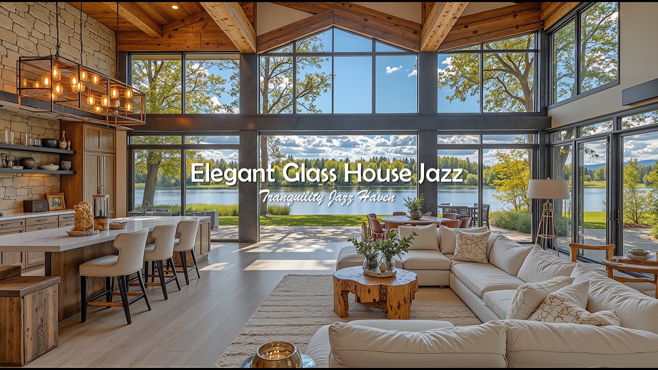Elegant Glass House Jazz Music For Stress Relief | Gentle Jazz In Bracing Lake View To Work & Stu...