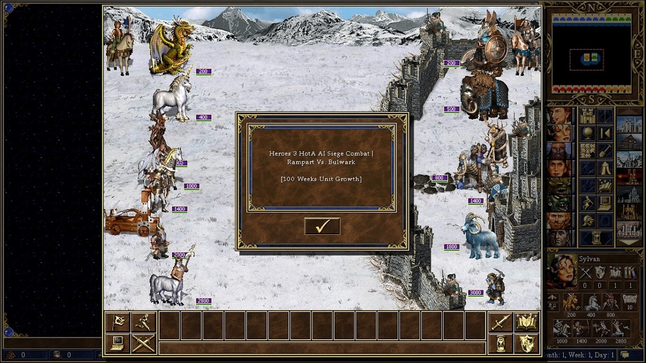 Heroes 3 HotA AI Siege Combat | Rampart Vs. Bulwark [100 Weeks Unit Growth]