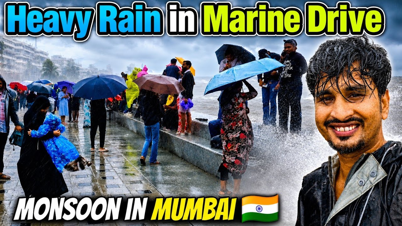 Heavy Rain 🌧️ in Marine Drive Mumbai 2026 🇮🇳 | High Tide, Crazy Monsoon & Beautiful Sea View!