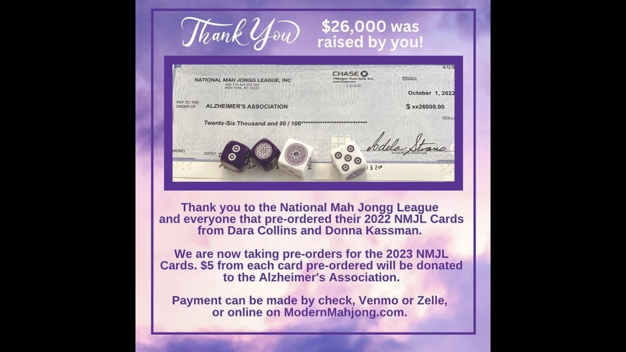 Mah Jongg - Pre-order 2023 NMJL Card and $5 per card is donated to the Alzheimer's Association