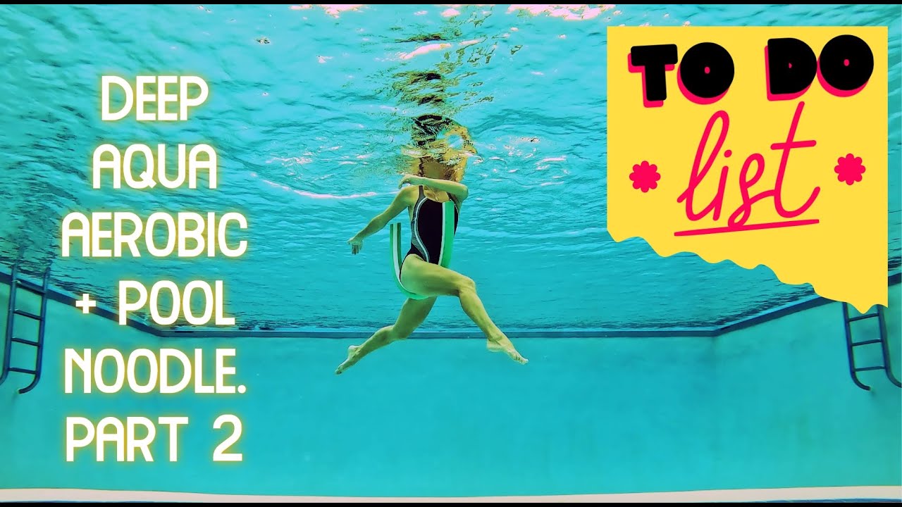 AQUA AEROBIC FOR DEEP WATER LEVEL. POOL NOODLE EXERCISES FOR STRONG LEGS AND CORE MUSCLES.