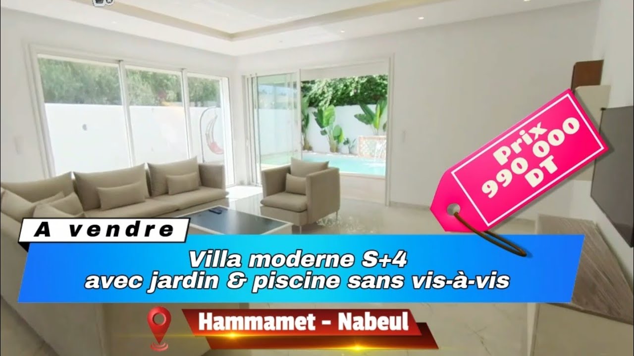 A vendre - Villa moderne S+4 avec jardin et piscine sans vis-à-vis à 📌 Hammamet - Nabeul