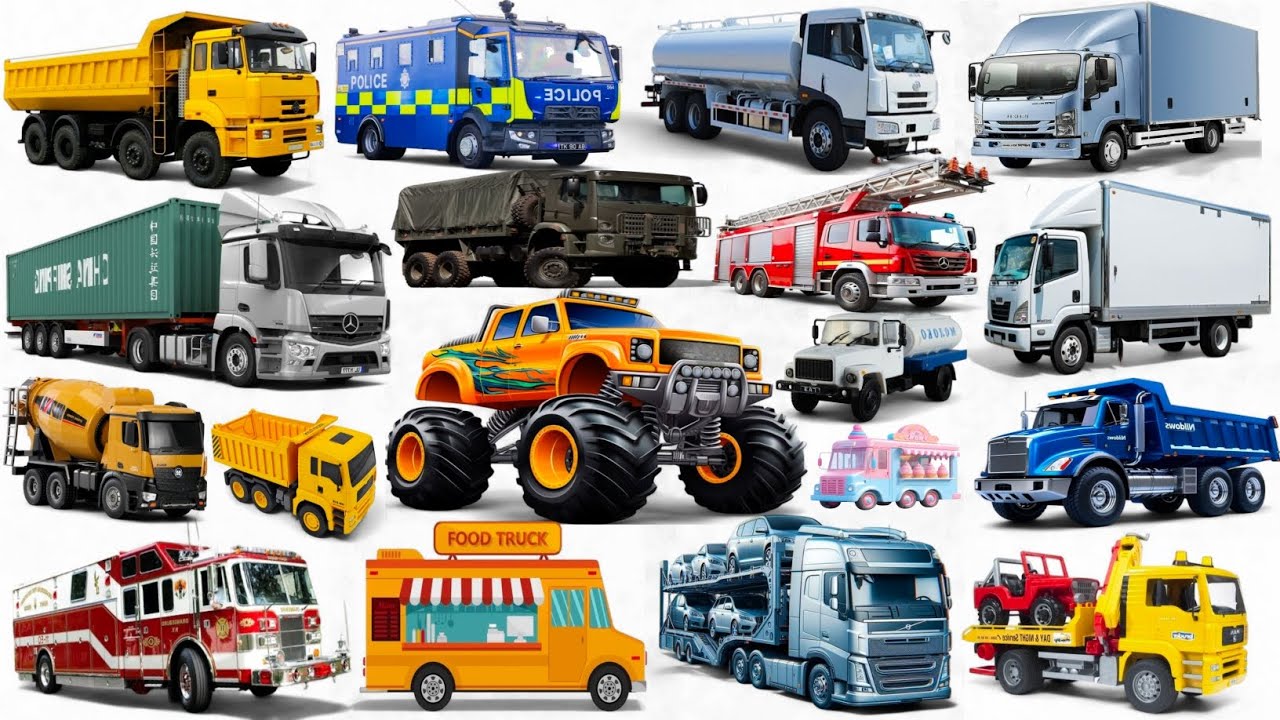 20 Truck Names for Kids 🚚 | Types of Trucks | Construction & Emergency Trucks | Learn English