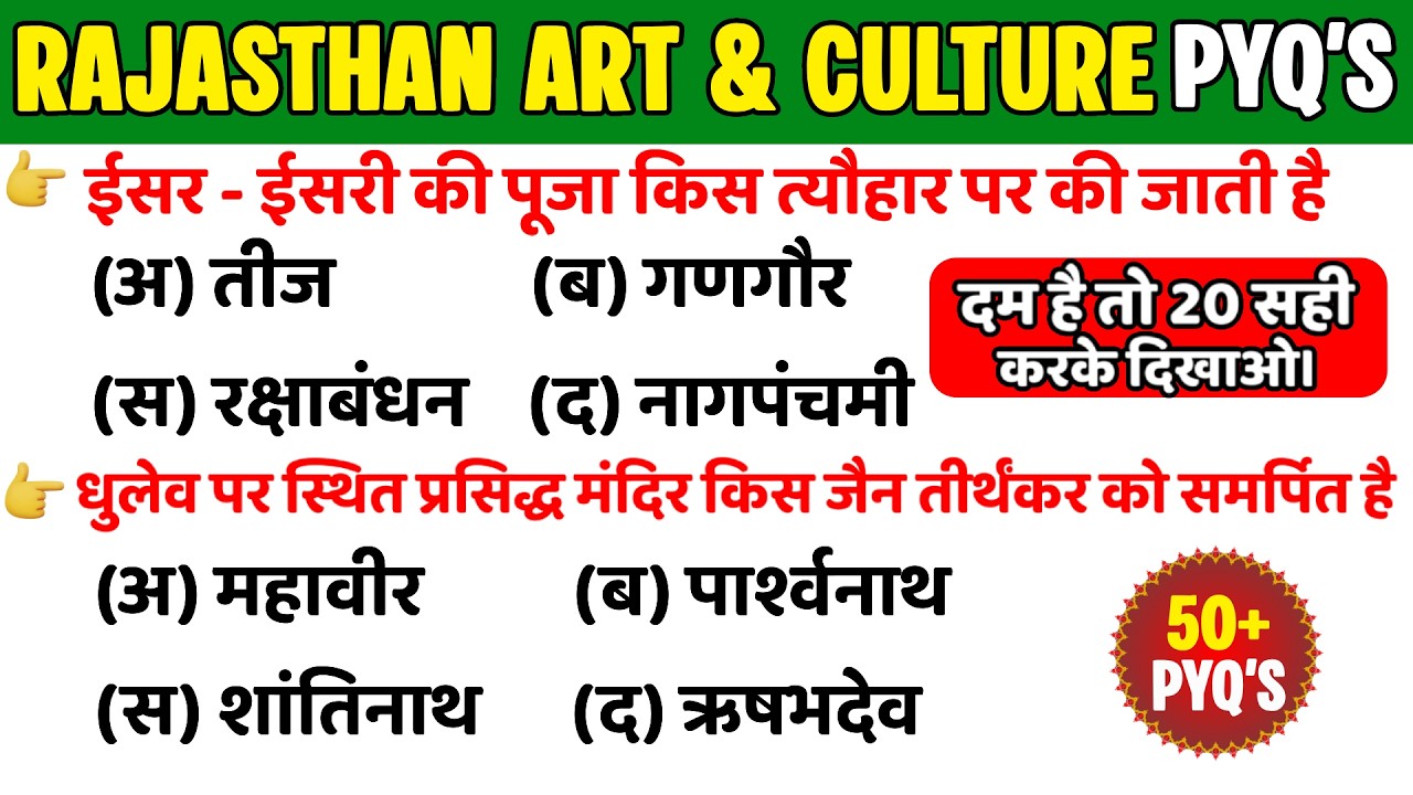 राजस्थान कला एवं संस्कृति 50+ PYQ'S PART-20 | विगत परीक्षाओ मे पूछे गए प्रश्न #rajasthangk