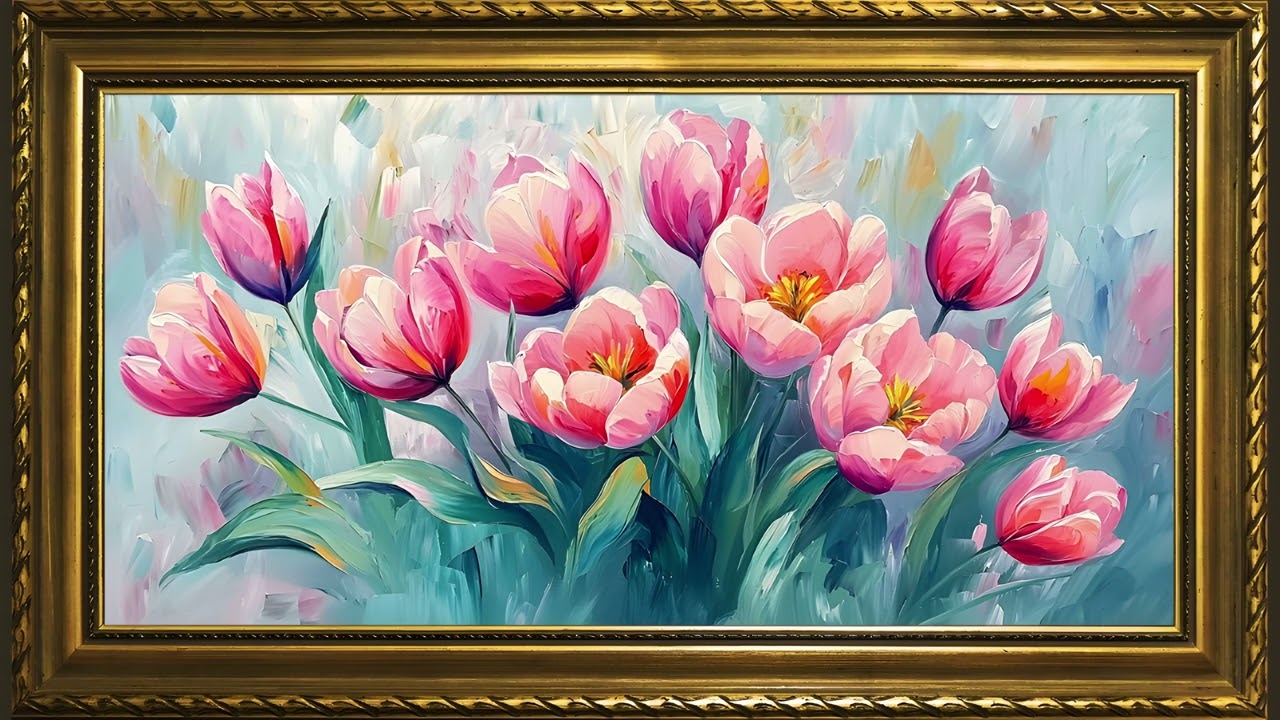 Pink Tulips for Valentines, Impressionist Oil Painting | Gold Framed 4K Art Screensaver for TV