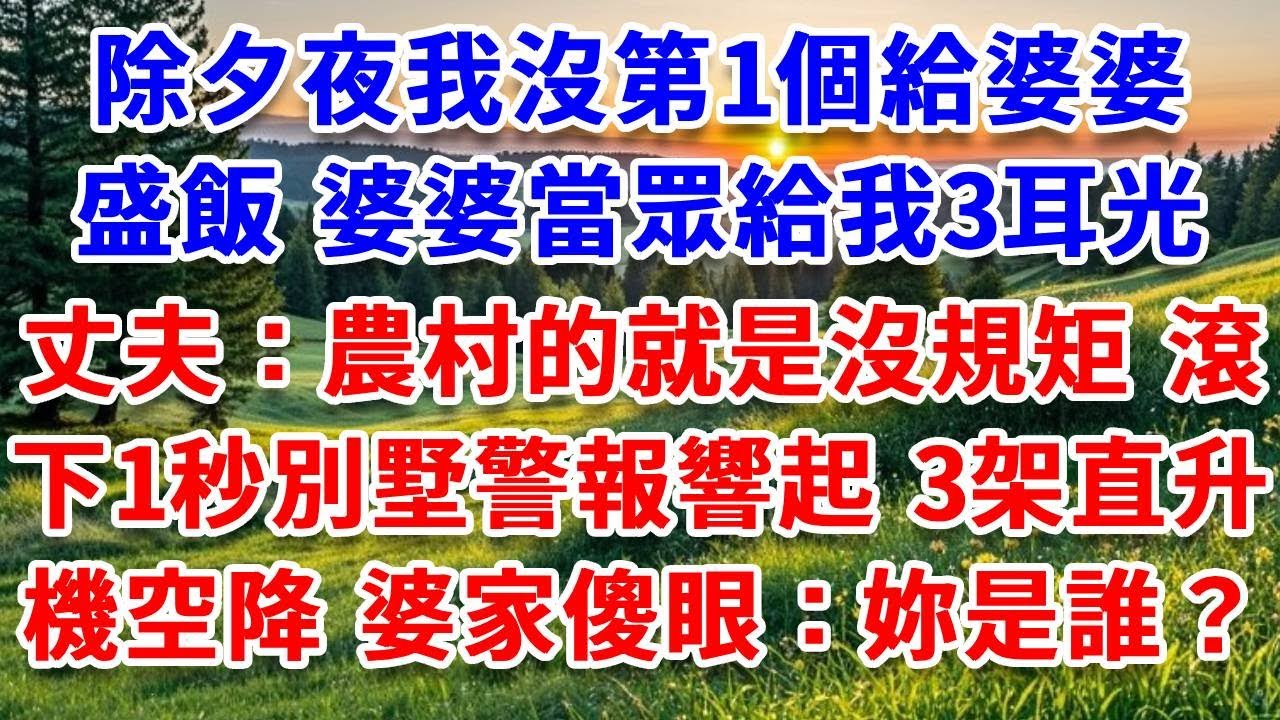 除夕夜我沒第1個給婆婆盛飯，婆婆當眾給我3耳光，丈夫：農村的就是沒規矩 滾！下一秒 別墅警報響起，3架直升機空降，婆家傻眼：妳到底是誰？#詩涵講故事#為人處世#生活經驗#情感故事#晚年哲理#說故事