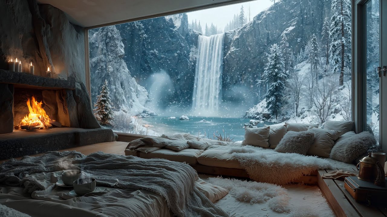 Cozy Winter Ambience ❄️ Frozen Waterfall & Crackling Fireplace with Relaxing Jazz for Sleep & Study