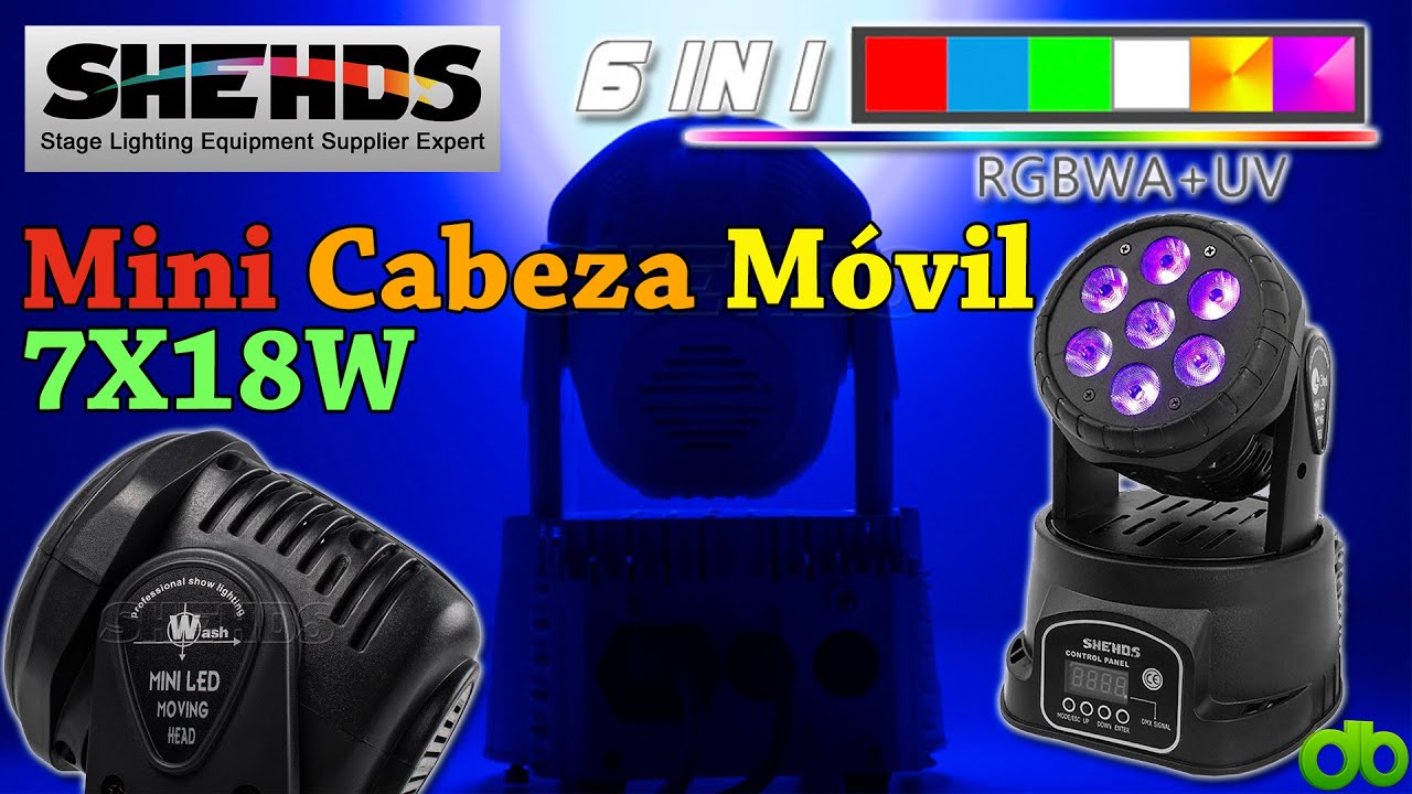 Mini Cabeza Móvil LED 7X18W Wash Light RGBWA + UV DJ Luces Shehds SHE-SWMH0718F Unboxing y Review