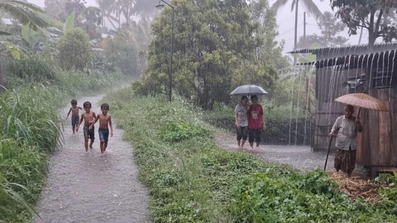 Heavy Rain Covers a Silent Rural Village — A Walk Beneath the Darkening Daytime Sky