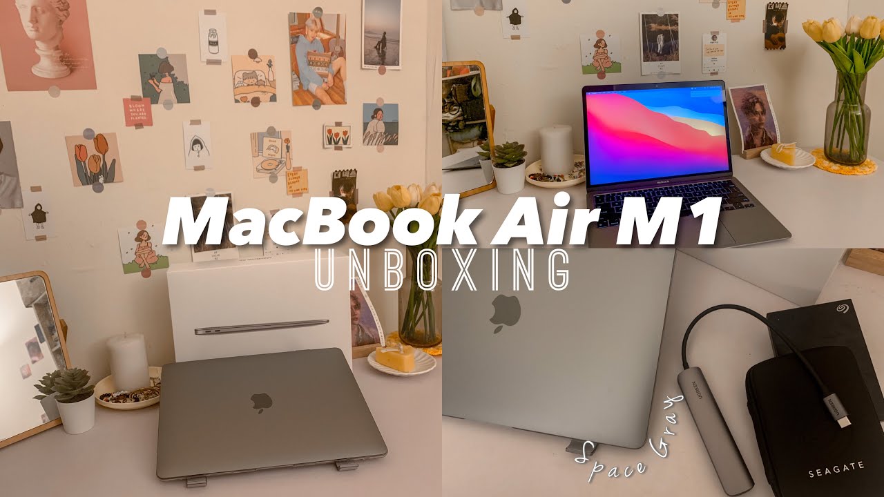 MacBook Air M1 2020 Unboxing (Space Gray) 💻 | + laptop accessories ✨