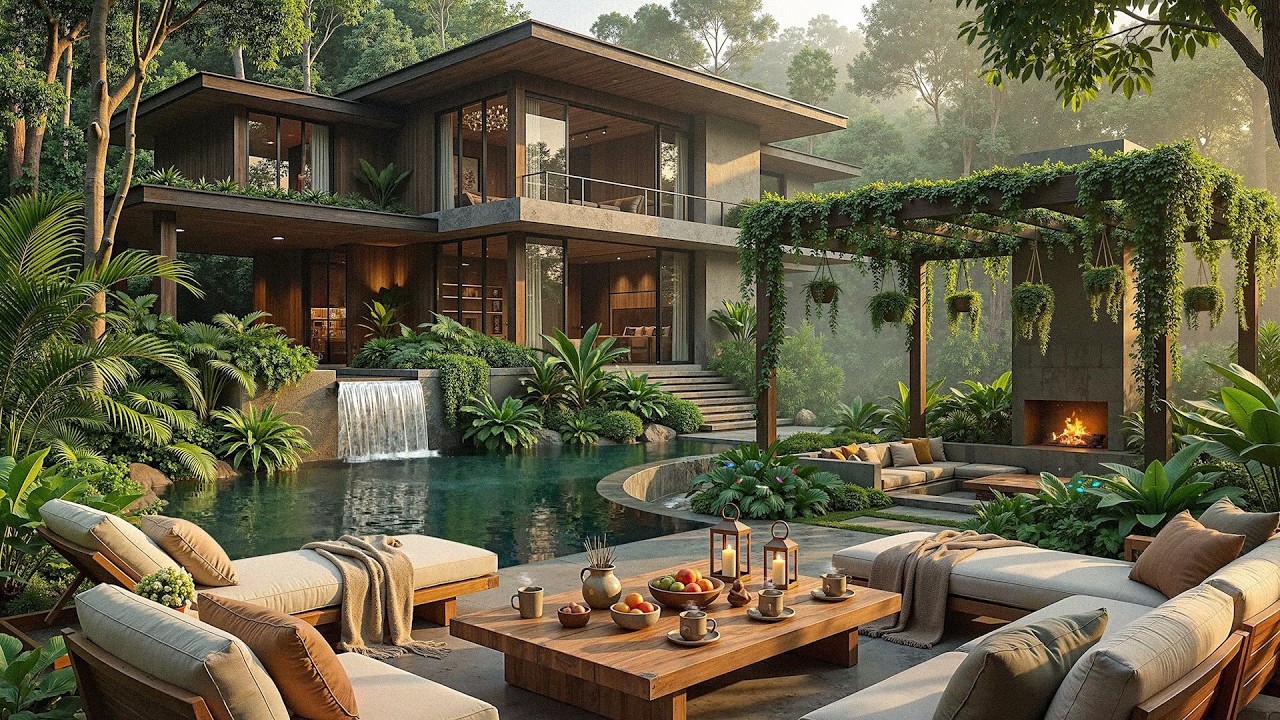 Роскошное кафе в лесном дворике с нежным джазом | Мягкая джазовая музыка и атмосфера природы