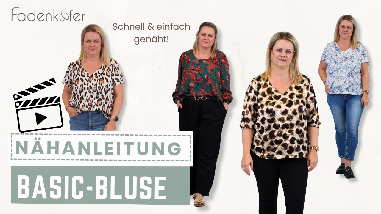 Basic-Bluse nähen | Einfaches Schnittmuster für Anfänger & Fortgeschrittene | Rund & V-Ausschnitt