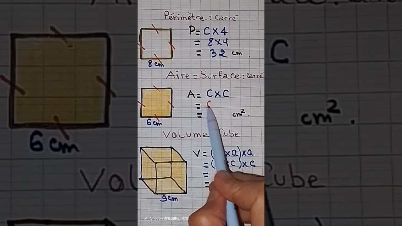 le p&eacute;rim&egrave;tre, la Surface et le volume (carr&eacute;+Cube)#videoshort #g&eacute;om&eacute;trie