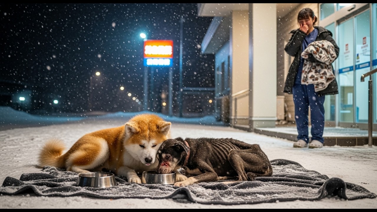 瀕死の野良犬に自分の餌を分け続けた秋田犬―回復した野良犬が恩返しに来た日の出来事