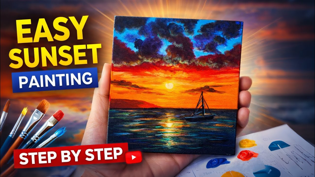  Easy Sunset Seascape Acrylic Painting Tutorial for Beginners | Mini Canvas Ocean Art 🌅 || Tutorial 