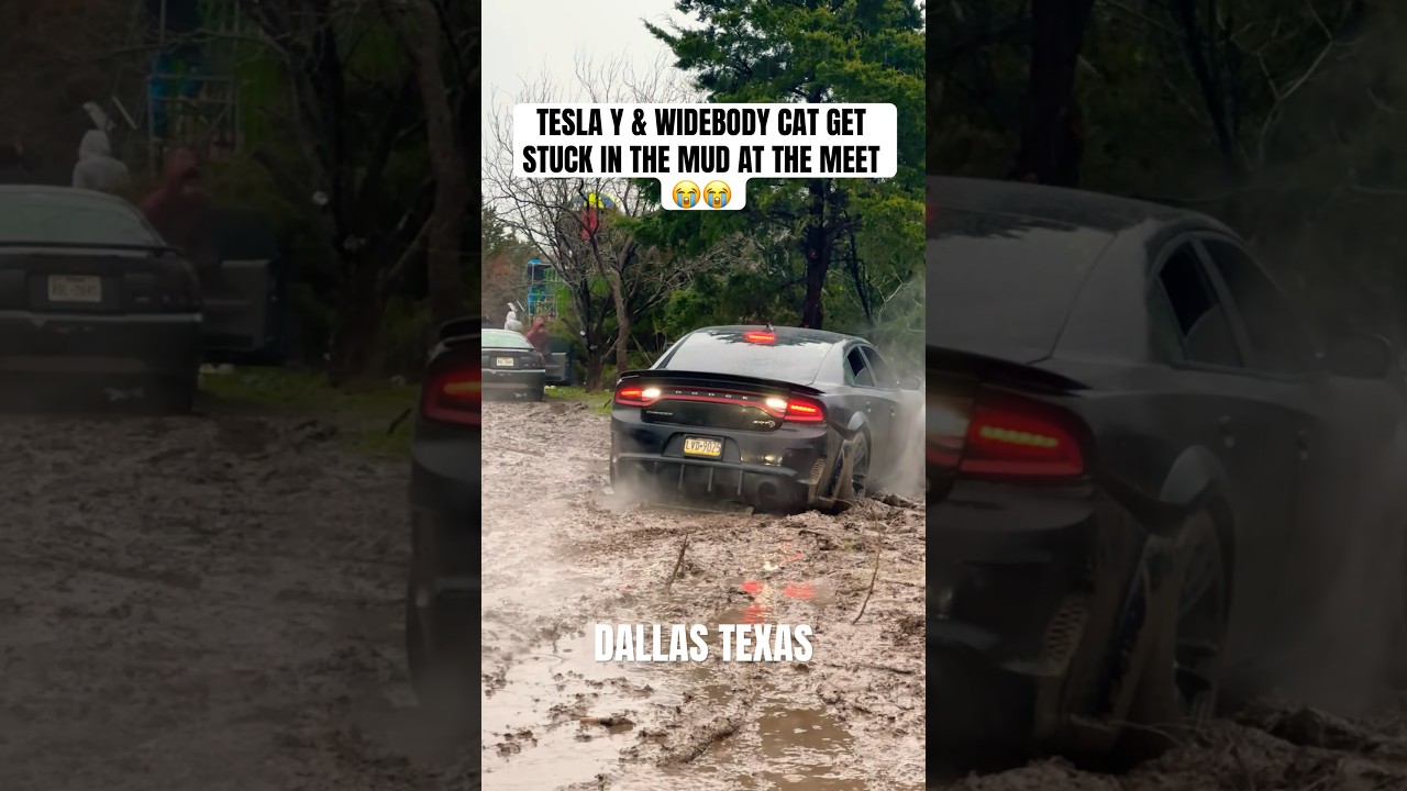 TESLA & HELLCAT GET STUCK IN THE MUD AT CAR MEET 😭😭 #cars #carmeet #carfails #mopar #tesla #viral