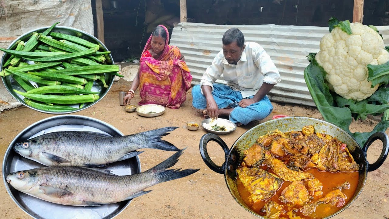 rainy season Cooking and Eating FISH CURRY with CAULIFLOWER|Lady finger fry|rural life