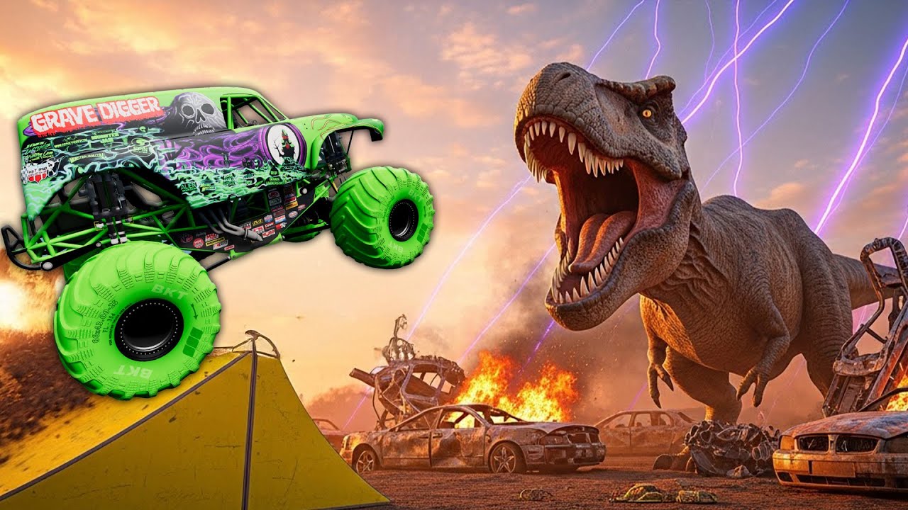 Crashing Monster Trucks Into A GIANT T-REX! | Random Vehicles BeamNG Mods | Griff's Garage