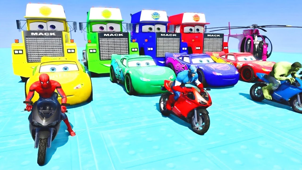 GTA V Spiderman Crazy McQueen Cars Racing By Trevor! MEGA Ramp Jump Challenge