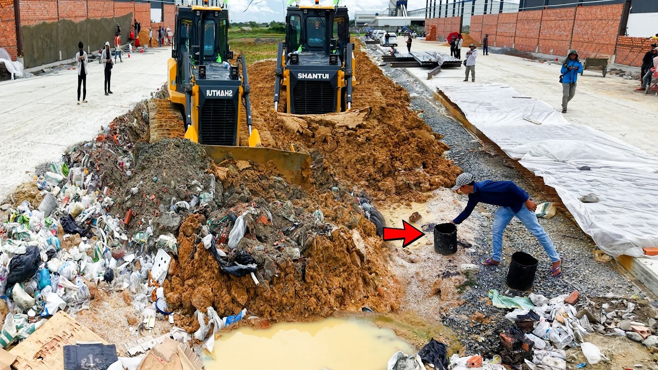 Start New Project !! by Truck 25 5Ton Dumping Stone Soil & Dozer SHANTUI Pushing working